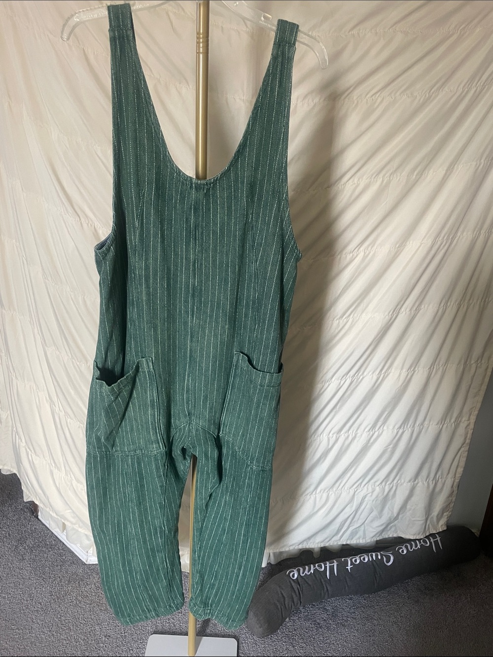 Women’s Green Stripe Cotton High Roller Overall Jumpsuit